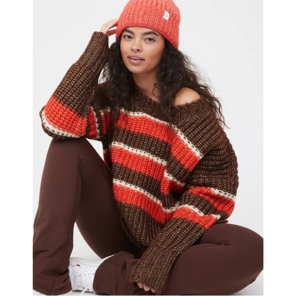 Aerie Offline Chunky Knit Sweater Brown Red Thumbholes Cozy Oversized XXS